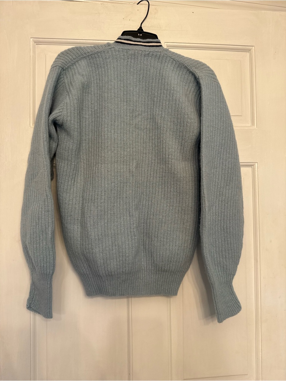 Vintage Light Blue Knit Cardigan with Striped Trim - Picture 2 of 4